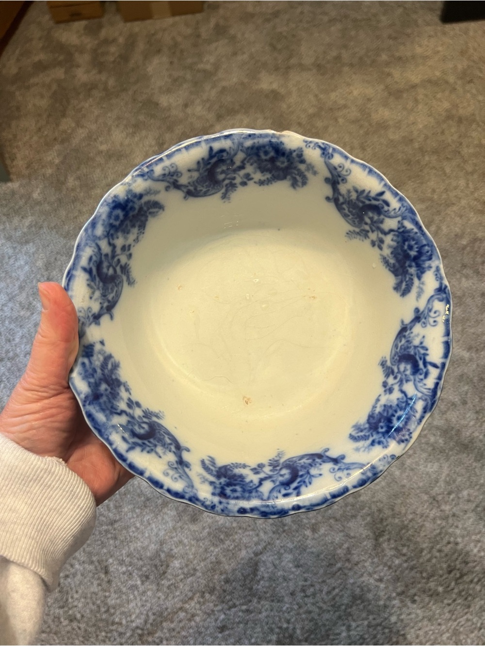 Vintage Flow Blue Floral Rim Ceramic Serving Bowl